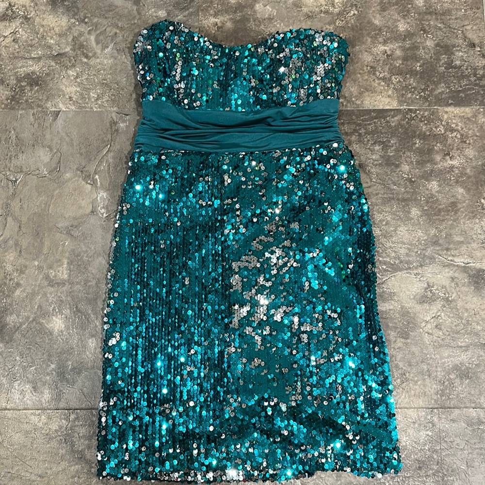 green sequence open back dress